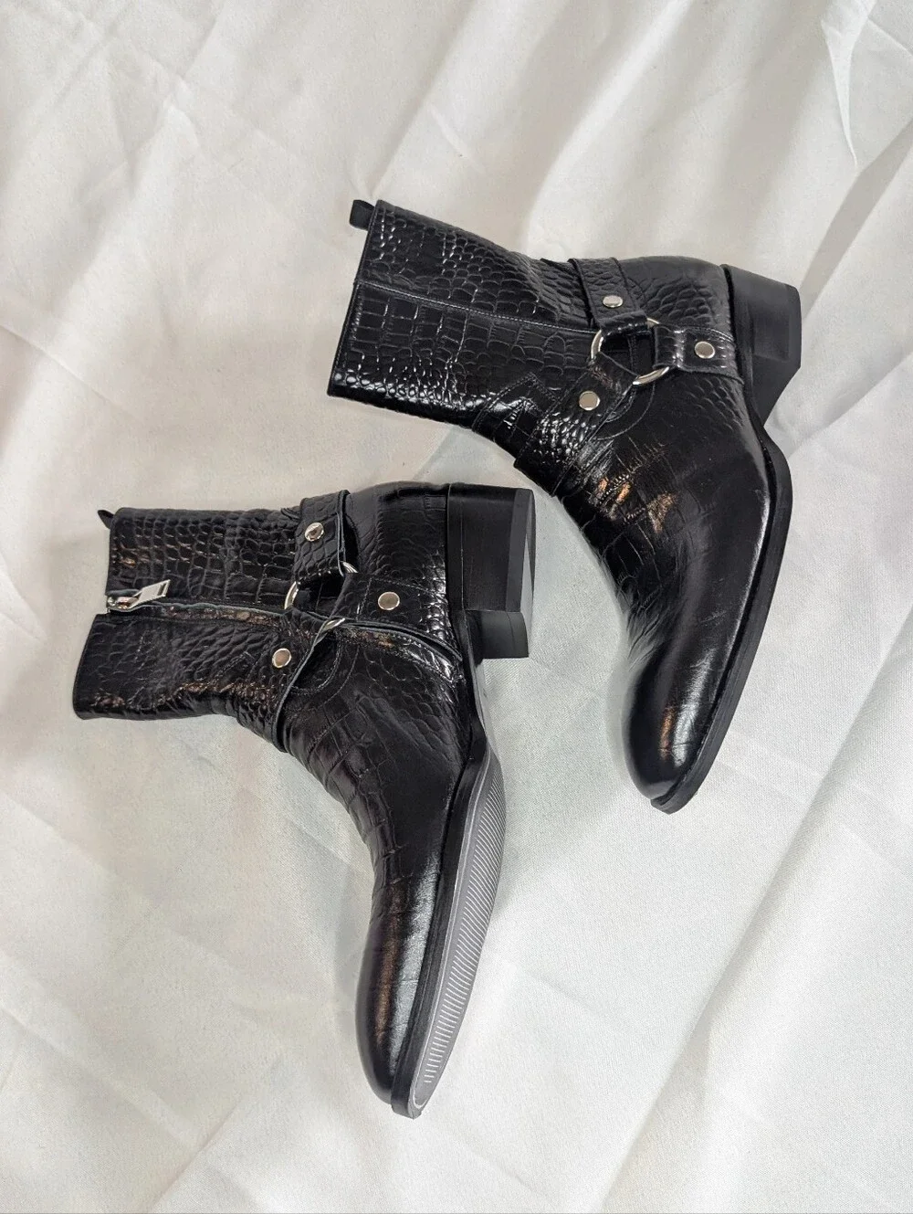 Saint Laurent Black Croc-Embossed Harness Western Boot - Picture 12 of 13